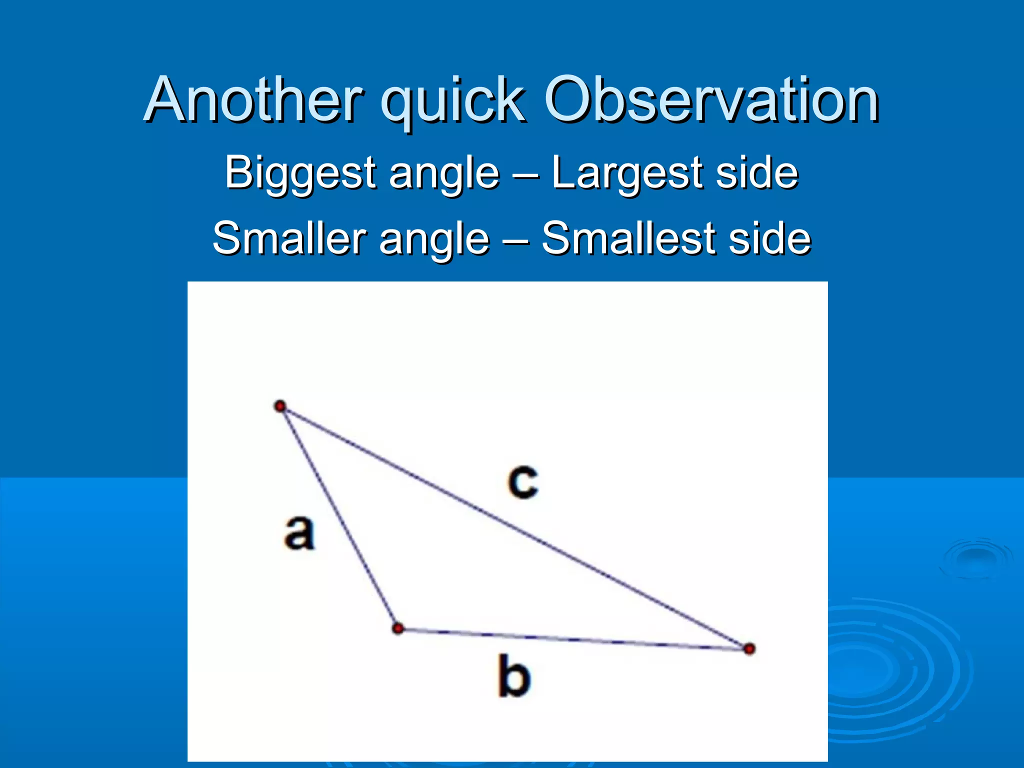 Another quick Observation
Biggest angle – Largest side
Smaller angle – Smallest side