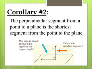 Corollary #2:
The perpendicular segment from a
point to a plane is the shortest
segment from the point to the plane.
This is the
shortest segment!
This side is longer
because it is
opposite the
largest angle!
11
 