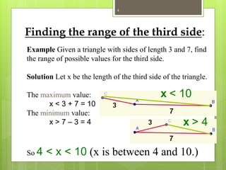 Finding the range of the third side:
Example Given a triangle with sides of length 3 and 7, find
the range of possible values for the third side.
Solution Let x be the length of the third side of the triangle.
The maximum value:
x < 3 + 7 = 10
The minimum value:
x > 7 – 3 = 4
So 4 < x < 10 (x is between 4 and 10.)
x
x
x < 10
x > 4
4
 