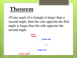 Theorem
•If one angle of a triangle is larger than a
second angle, then the side opposite the first
angle is larger than the side opposite the
second angle.
smaller angle
larger
angle
longer side
shorter side
A
B
C
8
 