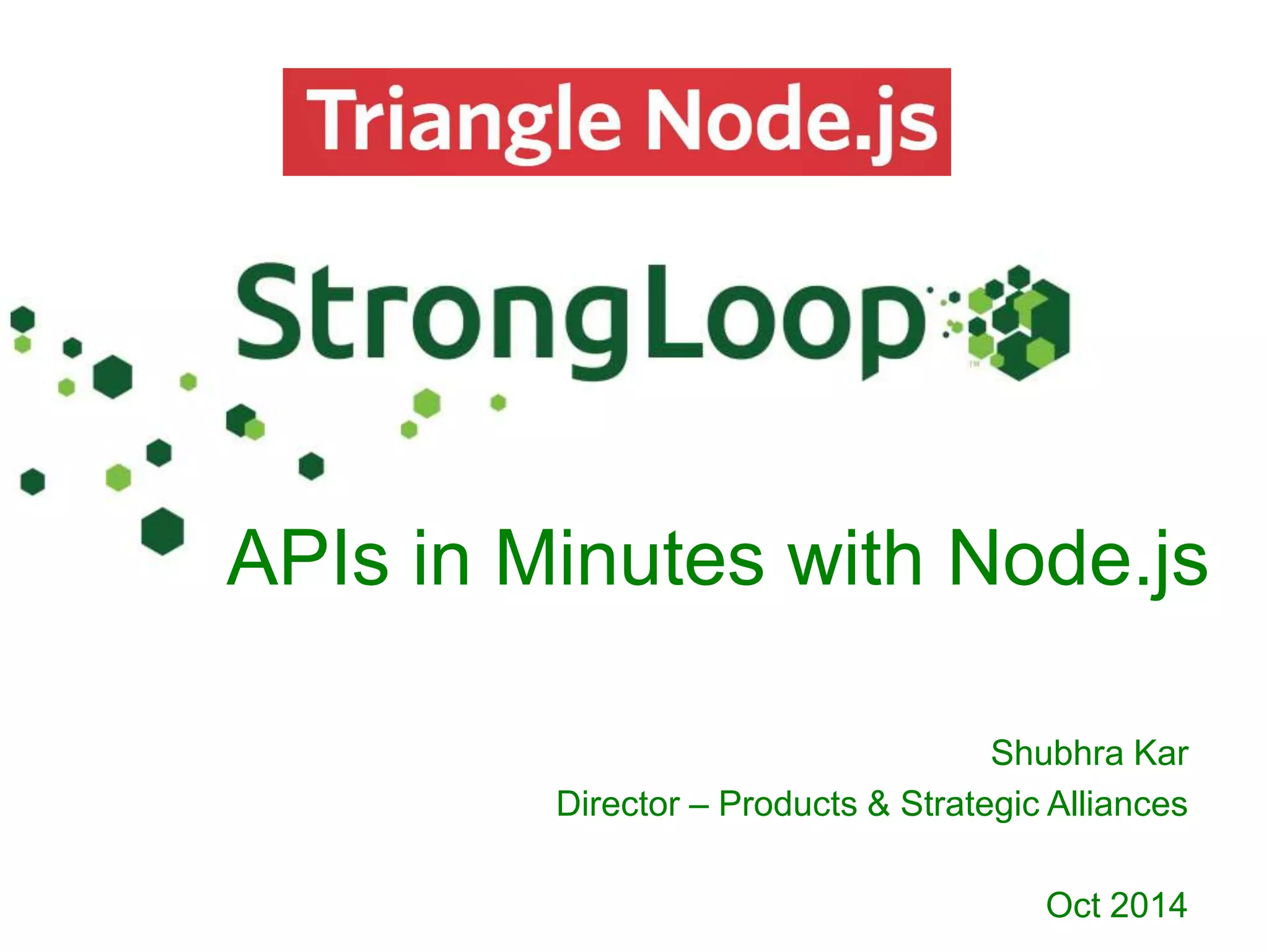 APIs in Minutes with Node.js 
Shubhra Kar 
Director – Products & Strategic Alliances 
Oct 2014 
 