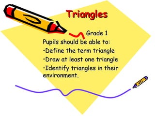 Triangles Grade 1 Pupils should be able to: Define the term triangle Draw at least one triangle Identify triangles in their environment.