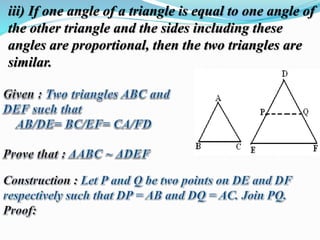 iii) If one angle of a triangle is equal to one angle of 
the other triangle and the sides including these 
angles are proportional, then the two triangles are 
similar. 
 