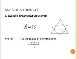 AREA OF A TRIANGLE
6. Triangle circumscribing a circle
where: r is the radius of the circle and
 