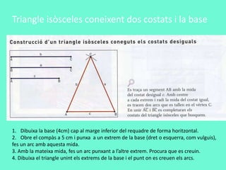 Triangle isòsceles coneixent dos costats i la base
1. Dibuixa la base (4cm) cap al marge inferior del requadre de forma horitzontal.
2. Obre el compàs a 5 cm i punxa a un extrem de la base (dret o esquerra, com vulguis),
fes un arc amb aquesta mida.
3. Amb la mateixa mida, fes un arc punxant a l’altre extrem. Procura que es creuin.
4. Dibuixa el triangle unint els extrems de la base i el punt on es creuen els arcs.
 