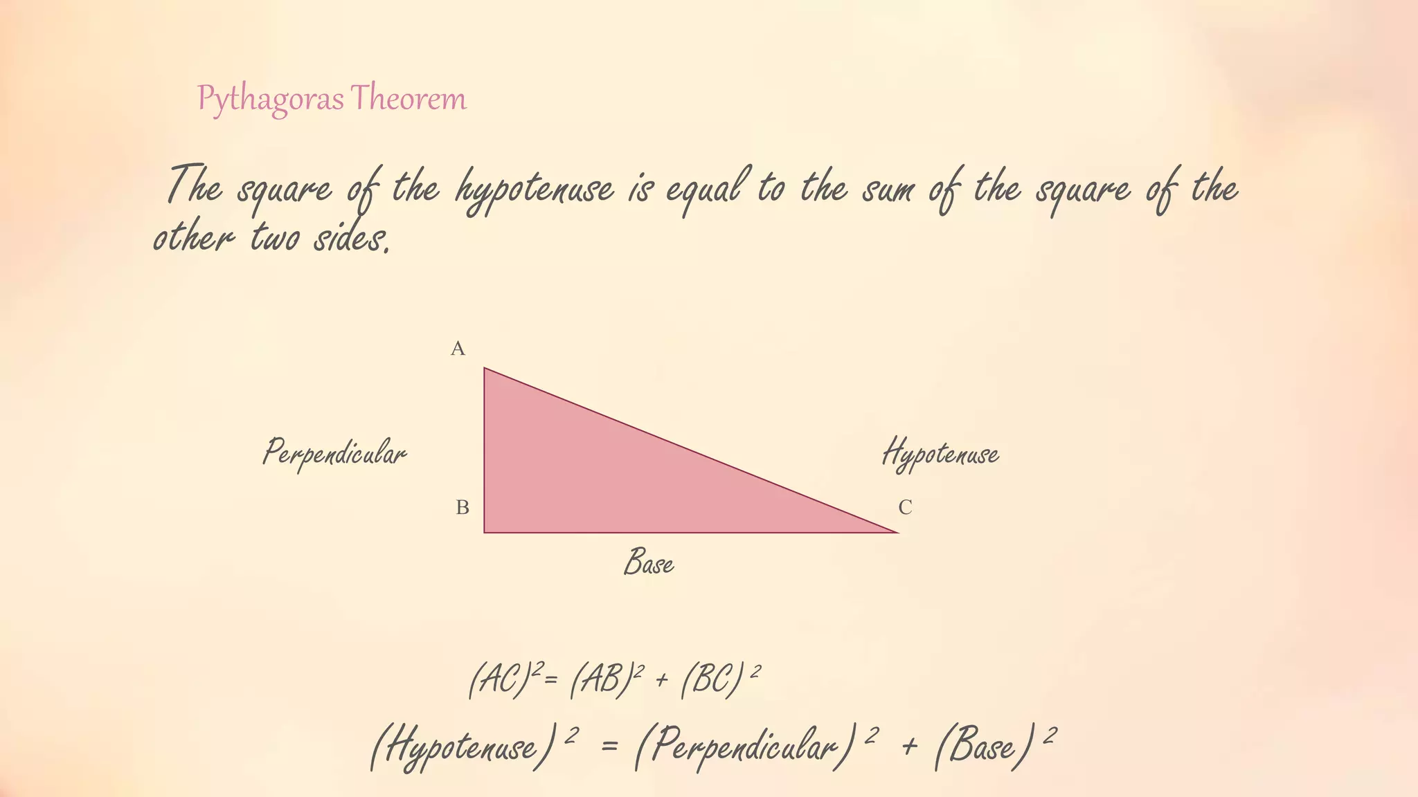 Pythagoras Theorem
The square of the hypotenuse is equal to the sum of the square of the
other two sides.
A
Perpendicular Hypotenuse
B C
Base
(AC)2= (AB)2 + (BC) 2
(Hypotenuse) 2 = (Perpendicular) 2 + (Base) 2
 