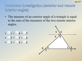 TRUE or FALSE?  pg 114 If two angles of one triangle are congruent to two angles of a second triangle, then the third angles are congruent.Each angle of an equiangular triangle measures 60o.In a triangle, there can be at most one right triangle, or at most one obtuse angle.The acute angles of a right triangle are complementary.