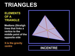TRIANGLES
ELEMENTS
OF A
TRIANGLE
Medians (Straitgh
lines that links a
vertice to the
middle point of the
opposite side

It is the gravity
centre
                      INCENTRE
 