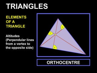 TRIANGLES
ELEMENTS
OF A
TRIANGLE

Altitudes
(Perpendular lines
from a vertex to
the opposite side)



                     ORTHOCENTRE
 