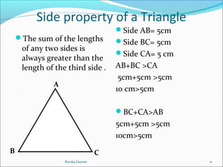 Side property of a Triangle
The sum of the lengths
of any two sides is
always greater than the
length of the third side .
Side AB= 5cm
Side BC= 5cm
Side CA= 5 cm
AB+BC >CA
5cm+5cm >5cm
10 cm>5cm
BC+CA>AB
5cm+5cm >5cm
10cm>5cm
A
B C
11Kavita Grover