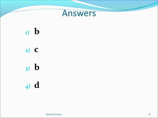 Answers
1) b
2) c
3) b
4) d
8Kavita Grover