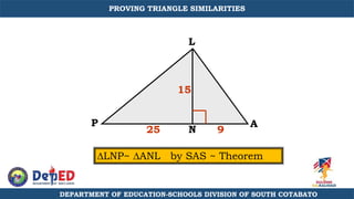 N
L
A
P
LNP~ ANL by SAS ~ Theorem
25 9
15
DEPARTMENT OF EDUCATION-SCHOOLS DIVISION OF SOUTH COTABATO
PROVING TRIANGLE SIMILARITIES
 