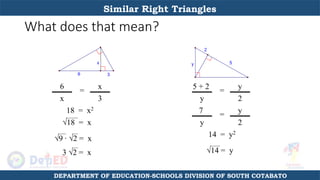 What does that mean?
6
x
=
x
3
5 + 2
y
=
y
2
3
6
x y 5
2
18 = x2
√18 = x
√9 ∙ √2 = x
3 √2 = x
14 = y2
7
y
=
y
2
√14 = y
Similar Right Triangles
DEPARTMENT OF EDUCATION-SCHOOLS DIVISION OF SOUTH COTABATO
 