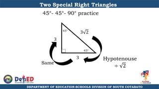 DEPARTMENT OF EDUCATION-SCHOOLS DIVISION OF SOUTH COTABATO
Two Special Right Triangles
45°- 45°- 90° practice
3
45°
45°
Same
3
3 2
Hypotenouse
÷ 2
 