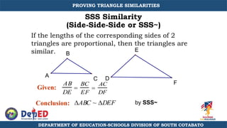 SSS Similarity
(Side-Side-Side or SSS~)
ABC ~ DEF
If the lengths of the corresponding sides of 2
triangles are proportional, then the triangles are
similar. E
D
A
B
C
F
Given:
Conclusion:

BC
EF
AB
DE

AC
DF
by SSS~
PROVING TRIANGLE SIMILARITIES
DEPARTMENT OF EDUCATION-SCHOOLS DIVISION OF SOUTH COTABATO
 