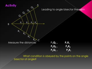 Activity
Leading to angle bisector theorem
Measure the distances P1Q1 , P1R1
P2Q2 , P2R2
P3Q1 , P3R1
What condition is obeyed by the points on the angle
bisector of angle?
B
A
C
R1
P2 P3 P4
Q1
Q2
Q3
R4
R3
R2
Q4
P1
 