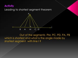 Activity
Leading to shortest segment theorem
Out of the segments PM, PC, PD, PA, PB
which is shortest and what is the angle made by
shortest segment with line l ?
┐
B A M C D
l
P
 