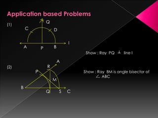 Application based Problems
(1)
Show : Ray PQ ┴ line l
(2)
Show : Ray BM is angle bisector of
ABC
A P B
C D
Q
l
R
P
B
Q S
M
A
C
 