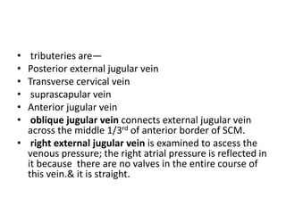 • tributeries are—
• Posterior external jugular vein
• Transverse cervical vein
• suprascapular vein
• Anterior jugular vein
• oblique jugular vein connects external jugular vein
across the middle 1/3rd of anterior border of SCM.
• right external jugular vein is examined to ascess the
venous pressure; the right atrial pressure is reflected in
it because there are no valves in the entire course of
this vein.& it is straight.
 