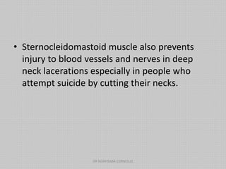 • Sternocleidomastoid muscle also prevents
injury to blood vessels and nerves in deep
neck lacerations especially in people who
attempt suicide by cutting their necks.
DR NDAYISABA CORNEILLE
 