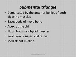 Submental triangle
• Demarcated by the anterior bellies of both
digastric muscles.
• Base: body of hyoid bone
• Apex: at the chin
• Floor: both mylohyoid muscles
• Roof: skin & superficial fascia
• Medial: ant midline.
DR NDAYISABA CORNEILLE
 