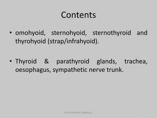 Contents
• omohyoid, sternohyoid, sternothyroid and
thyrohyoid (strap/infrahyoid).
• Thyroid & parathyroid glands, trachea,
oesophagus, sympathetic nerve trunk.
DR NDAYISABA CORNEILLE
 