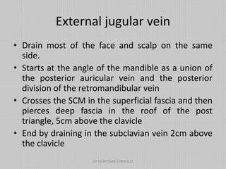 External jugular vein
• Drain most of the face and scalp on the same
side.
• Starts at the angle of the mandible as a union of
the posterior auricular vein and the posterior
division of the retromandibular vein
• Crosses the SCM in the superficial fascia and then
pierces deep fascia in the roof of the post
triangle, 5cm above the clavicle
• End by draining in the subclavian vein 2cm above
the clavicle
DR NDAYISABA CORNEILLE
 