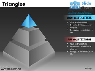 Triangles

                    YOUR TEXT GOES HERE
                    •   Your Text Goes here
                    •   Download this awesome
                        diagram
                    •   Bring your presentation to
                        life


                    PUT YOUR TEXT HERE
                    •   Your Text Goes here
                    •   Download this awesome
                        diagram
                    •   Bring your presentation to
                        life




www.slideteam.net                        Your Logo
 