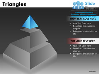 Triangles

            YOUR TEXT GOES HERE
            •   Your Text Goes here
            •   Download this awesome
                diagram
            •   Bring your presentation to
                life


            PUT YOUR TEXT HERE
            •   Your Text Goes here
            •   Download this awesome
                diagram
            •   Bring your presentation to
                life




                                 Your Logo
 