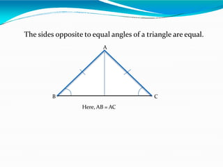 The sides opposite to equal angles of a triangle are equal.
C
B
A
Here, AB = AC
 