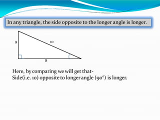 In any triangle, the side opposite to the longer angle is longer.
10
9
8
Here, bycomparing we will get that-
Side(i.e. 10) opposite to longerangle (90°) is longer.
 