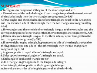 SUMMARY
1.Twofiguresarecongruent, if theyareof the same shape and size.
2.If twosides and the included angleof one triangle is equal to the twosides and
the included angle then the two trianglesarecongruent(by SAS).
3.If two angles and the included side of one triangle are equal to the two angles
and the included side of othertriangle then the two trianglesarecongruent( by
ASA).
4.If two angles and the one side of one triangle is equal to the two angles and the
corresponding side of othertriangle then the two trianglesarecongruent(byAAS).
5.If three sides of a triangle is equal to the three sides of other triangle then the
twotrianglesarecongruent(by SSS).
6.If in tworight-angled triangle, hypotenuseoneside of the triangleareequal to
the hypotenuseand one side of the other triangle then the two triangle are
congruent.(byRHS)
7.Angles opposite to equal sides of a triangle are equal.
8.Sides opposite to equal angles of a triangle are equal.
9.Eachangleof equilateral triangleare 60°
10.Ina triangle, anglesopposite tothe longerside is larger
11.Ina triangle, sideopposite to the largerangle is longer.
12.Sum of any twosides of triangle is greaterthan the third side.
 