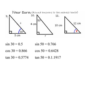 sin 30 = 0.5
cos 30 = 0.866
tan 30 = 0.5774
sin 50 = 0.766
cos 50 = 0.6428
tan 50 = 0.1.1917
 