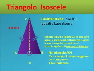 Triangolo Isoscele
           C       Caratteristiche: due lati
                   uguali e base diversa
Isoscele

                       L’altezza H divide la Base AB in due parti
                       uguali e divide anche il triangolo isoscele
                       in due triangoli rettangoli su cui
                       si potrà applicare il teorema di Pitagora.

    A              B       Nel triangolo ACH
                           CH - diventa il cateto maggiore
                           AH = Cateto minore
               H           CA = Ipotenusa
 