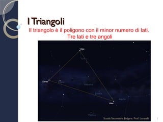 I Triangoli
Il triangolo è il poligono con il minor numero di lati.
                   Tre lati e tre angoli




                                  Scuola Secondaria Bolgare. Prof. Locatelli   1
 