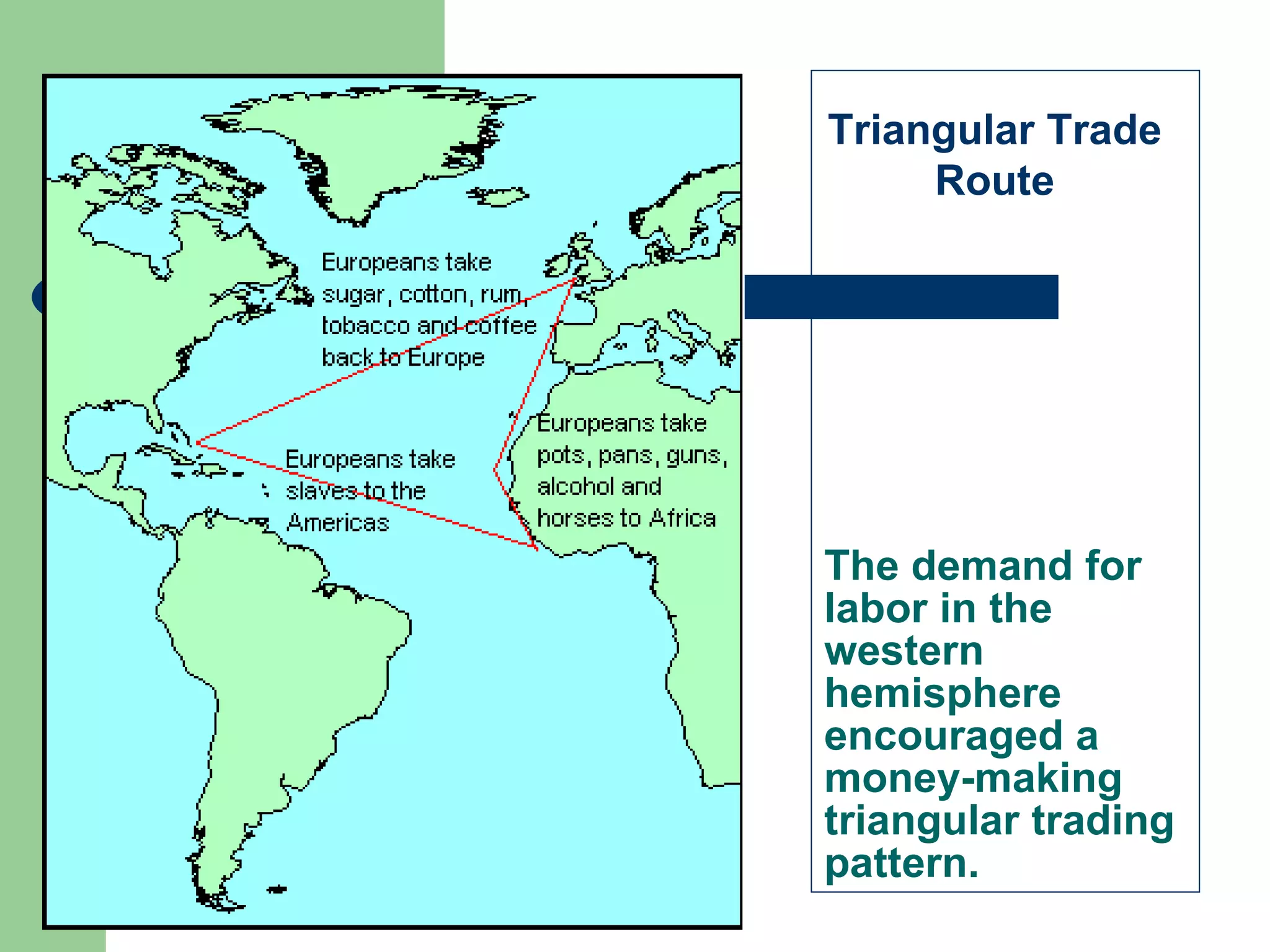 The demand for labor in the western hemisphere encouraged a money-making triangular trading pattern. Triangular Trade Route 