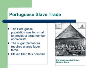Portuguese Slave Trade The Portuguese population was too small to provide a large number of colonists. The sugar plantations required a large labor force. Slaves filled this demand. Europeans and Africans  Meet to Trade 