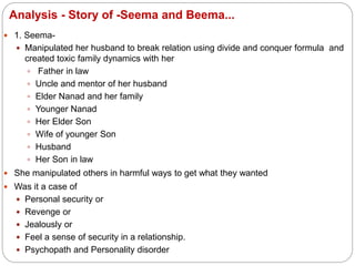 Analysis - Story of -Seema and Beema...
 1. Seema-
 Manipulated her husband to break relation using divide and conquer formula and
created toxic family dynamics with her
 Father in law
 Uncle and mentor of her husband
 Elder Nanad and her family
 Younger Nanad
 Her Elder Son
 Wife of younger Son
 Husband
 Her Son in law
 She manipulated others in harmful ways to get what they wanted
 Was it a case of
 Personal security or
 Revenge or
 Jealously or
 Feel a sense of security in a relationship.
 Psychopath and Personality disorder
 