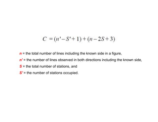 n = the total number of lines including the known side in a figure,
n' = the number of lines observed in both directions including the known side,
S = the total number of stations, and
S' = the number of stations occupied.
 