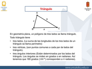 Triángulo
En geometría plana, un polígono de tres lados se llama triángulo.
Todo triángulo tiene
• tres lados, (La suma de las longitudes de los tres lados de un
triángulo se llama perímetro)
• tres vértices, (son puntos comunes a cada par de lados del
triángulo),
• tres ángulos interiores (Están determinados por los lados del
triángulo. Los ángulos se miden en grados o en radianes. Así
tenemos que 180 grados (180 0
) corresponden a π radianes).
 
