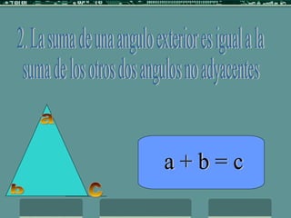 2. La suma de una angulo exterior es igual a la suma de los otros dos angulos no adyacentes a b c a + b = c 