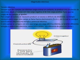 Magnitudes eléctricas Tensión eléctrica:  Siempre que dos cuerpos con distintas cargas entran en contacto, se produce una circulación de electrones desde el cuerpo con más carga negativa al de más carga positiva, hasta que las cargas de los cuerpos se igualan.  Para cargar un cuerpo, es necesario producir un exceso o defecto de electrones. La energía necesaria para cargar este cuerpo se llama fuerza electromotriz (f.e.m.), con la cual se consigue que el cuerpo adquiera una energía o potencial eléctrico. Si este cuerpo se compara con otro que tenga una carga eléctrica distinta, se tendrán diferentes energías o potenciales eléctricos; existe entre ambos, una diferencia de potencial (d.d.p.). 