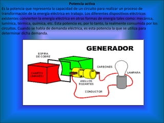 Potencia activa Es la potencia que representa la capacidad de un circuito para realizar un proceso de transformación de la energía eléctrica en trabajo. Los diferentes dispositivos eléctricos existentes convierten la energía eléctrica en otras formas de energía tales como: mecánica, lumínica, térmica, química, etc. Esta potencia es, por lo tanto, la realmente consumida por los circuitos. Cuando se habla de demanda eléctrica, es esta potencia la que se utiliza para determinar dicha demanda. 
