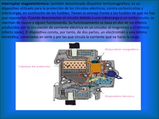 Interruptor magnetotérmico : también denominado disyuntor termomagnético, es un dispositivo utilizado para la protección de los circuitos eléctricos, contra cortocircuitos y sobrecargas, en sustitución de los fusibles. Tienen la ventaja frente a los fusibles de que no hay que reponerlos. Cuando desconectan el circuito debido a una sobrecarga o un cortocircuito, se rearman de nuevo y siguen funcionando. Su funcionamiento se basa en dos de los efectos producidos por la circulación de corriente eléctrica en un circuito: el magnético y el térmico (efecto Joule). El dispositivo consta, por tanto, de dos partes, un electroimán y una lámina bimetálica, conectadas en serie y por las que circula la corriente que va hacia la carga 