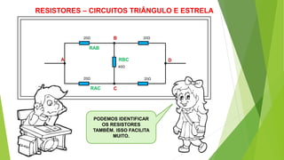 RESISTORES – CIRCUITOS TRIÂNGULO E ESTRELA
20Ω 20Ω
20Ω 20Ω
40Ω
PODEMOS IDENTIFICAR
OS RESISTORES
TAMBÉM. ISSO FACILITA
MUITO.
A
B
C
D
RAB
RAC
RBC
 