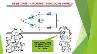 RESISTORES – CIRCUITOS TRIÂNGULO E ESTRELA
20Ω
20Ω
20Ω
20Ω
40Ω
A
B
C
DRBC
ASSIM, CONCLUÍMOS
QUE ESTÃO LIGADOS
NO MESMO PONTO
EM COMUM.
 