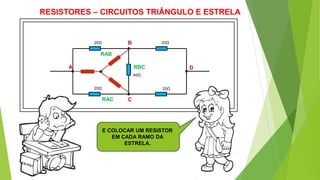 RESISTORES – CIRCUITOS TRIÂNGULO E ESTRELA
E COLOCAR UM RESISTOR
EM CADA RAMO DA
ESTRELA.
20Ω 20Ω
20Ω 20Ω
40Ω
A
B
C
D
RAB
RAC
RBC
 