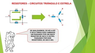 RESISTORES – CIRCUITOS TRIÂNGULO E ESTRELA
SE ANALISARMOS, DO NÓ A ATÉ
O NÓ B TEMOS DOIS CAMINHOS.
UM PASSANDO POR UM ÚNICO
RESISTOR DE 20Ω E O OUTRO,
PASSANDO POR DOIS
RESISTORES, DE 20Ω E 40Ω.
A
B
C
20Ω
20Ω
40Ω
A
B
C
5Ω
10Ω
10Ω
 