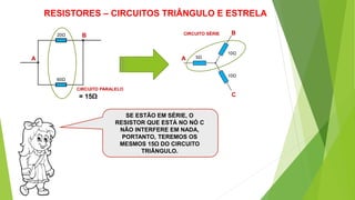 RESISTORES – CIRCUITOS TRIÂNGULO E ESTRELA
SE ESTÃO EM SÉRIE, O
RESISTOR QUE ESTÁ NO NÓ C
NÃO INTERFERE EM NADA,
PORTANTO, TEREMOS OS
MESMOS 15Ω DO CIRCUITO
TRIÂNGULO.
A
B20Ω
60Ω
A
B
C
5Ω
10Ω
10Ω
CIRCUITO PARALELO
= 15Ω
CIRCUITO SÉRIE
 