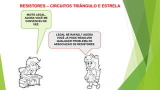 RESISTORES – CIRCUITOS TRIÂNGULO E ESTRELA
LEGAL NÉ RAFAEL? AGORA
VOCÊ JÁ PODE RESOLVER
QUALQUER PROBLEMA DE
ASSOCIAÇÃO DE RESISTORES.
MUITO LEGAL,
AGORA VOCÊ ME
CONVENCEU DE
VEZ.
 